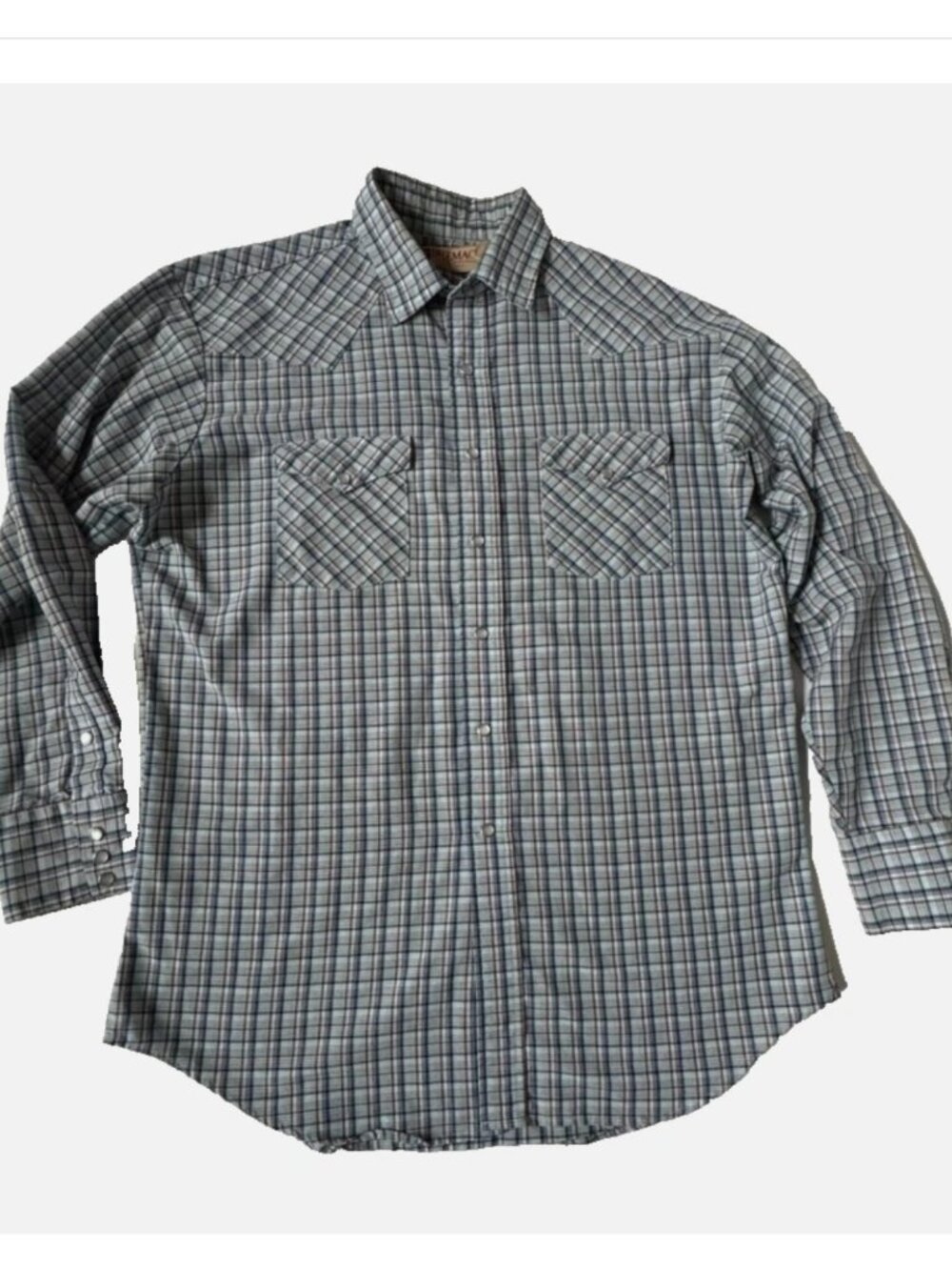 Big Mac Mens LT Tall Pearl Snap Button Plaid Shirt Long Sleeve Blue Vintage Work